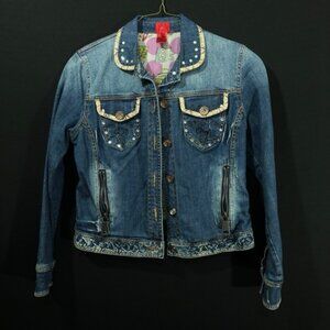 V Cristina Womens Embroidered Bedazzled Denim‎ Jacket Blue Cartoon Size Medium